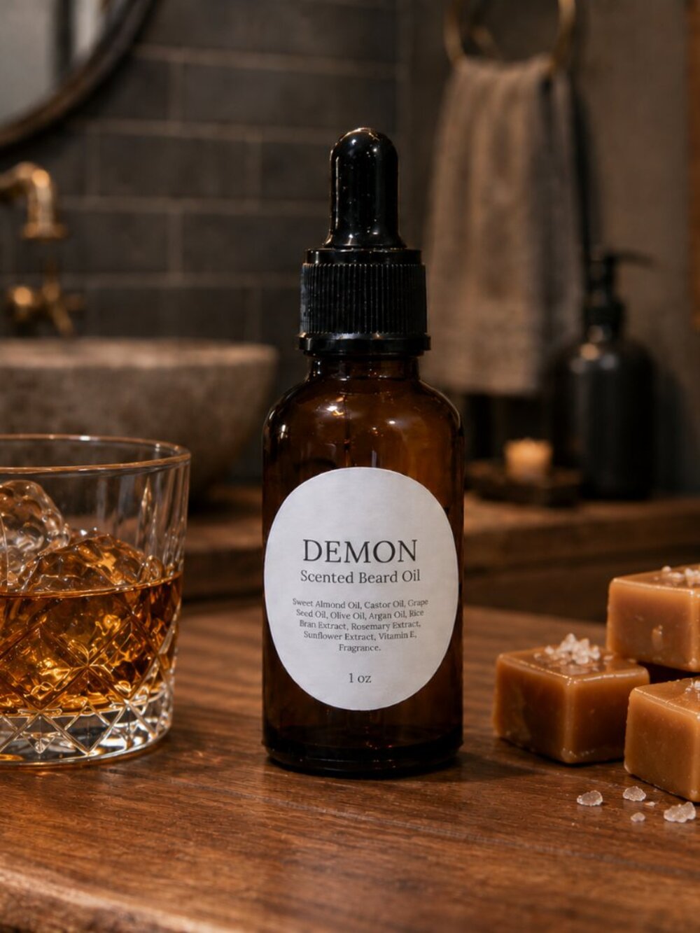 DEMON Bourbon & Caramel Men's Scented Beard Oil.
